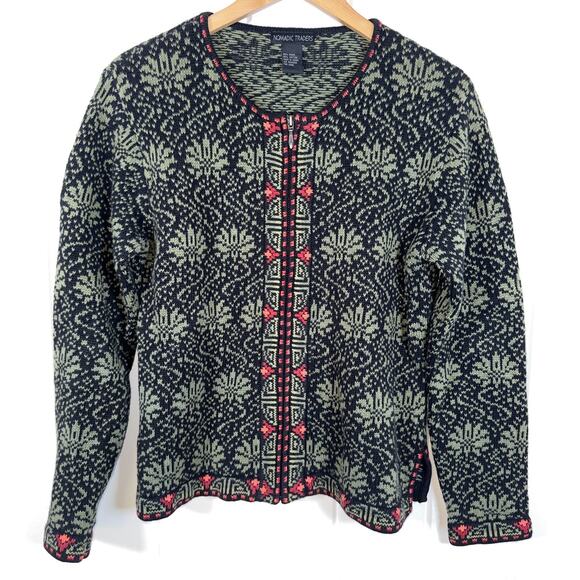 Nomadic Traders Cardigan Womens Medium Green Black Nordic Long Sleeve Zip Up - Picture 1 of 7